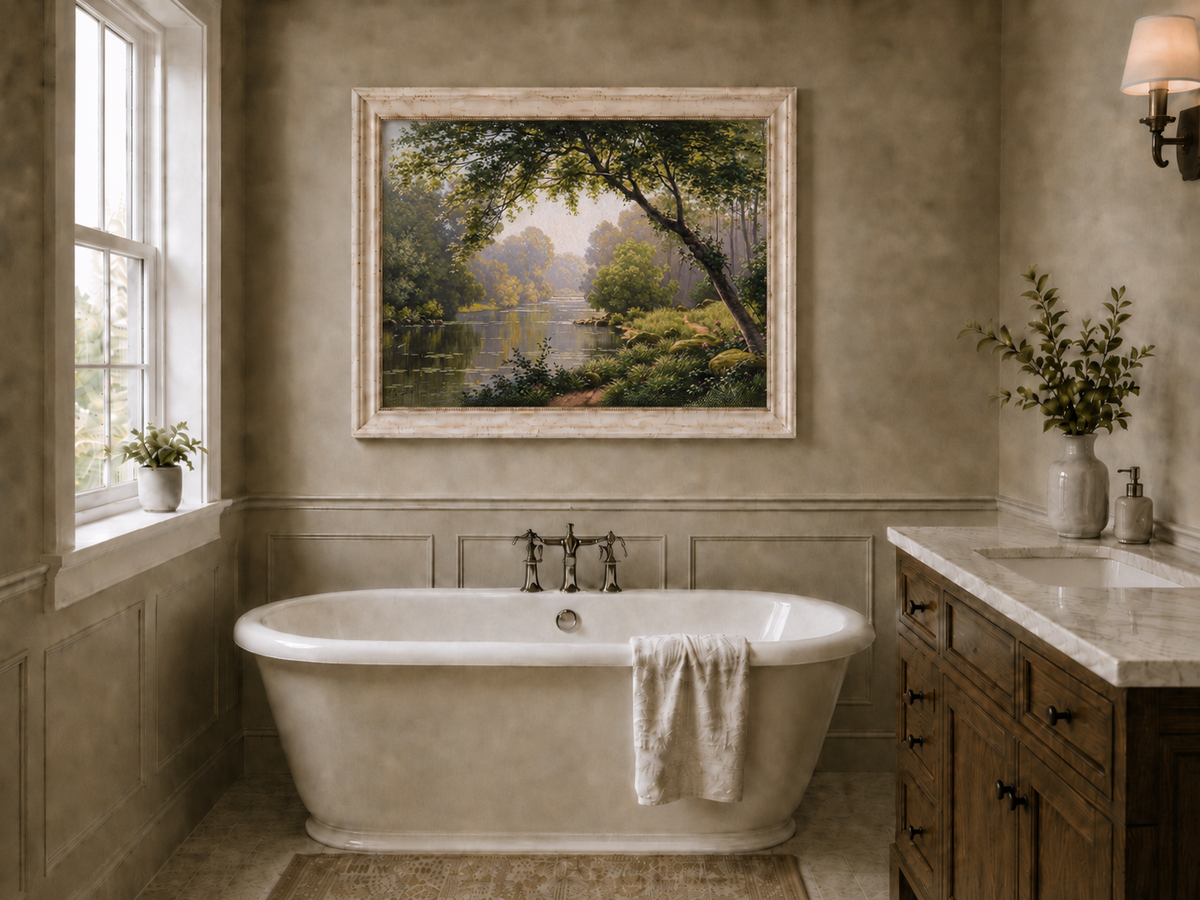 Landscape Oil Painting - Woodland River Overhanging Tree & Lily