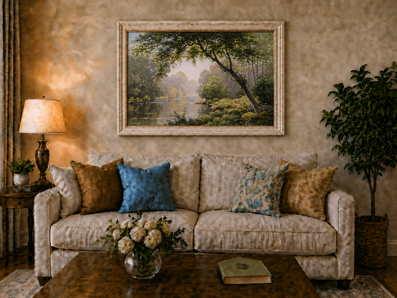 Landscape Oil Painting - Woodland River Overhanging Tree & Lily