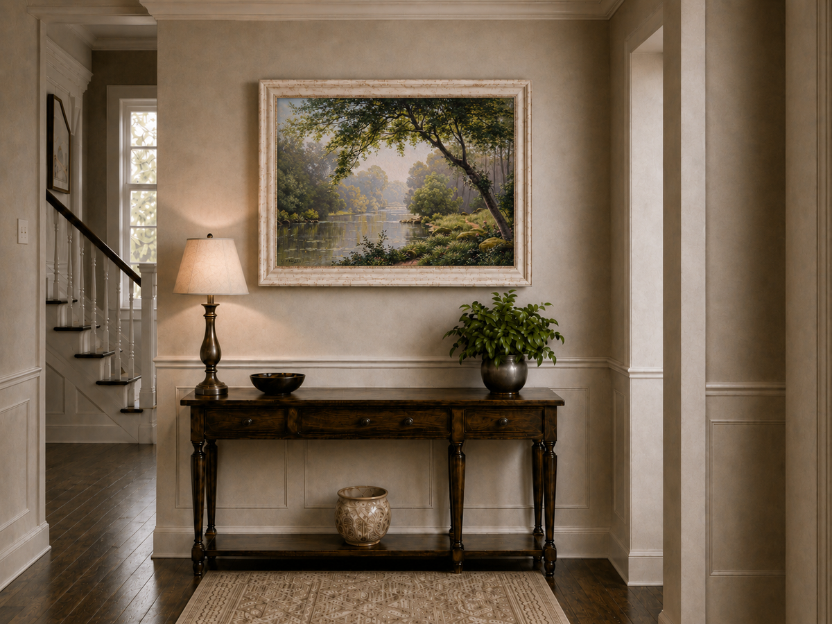 Landscape Oil Painting - Woodland River Overhanging Tree & Lily