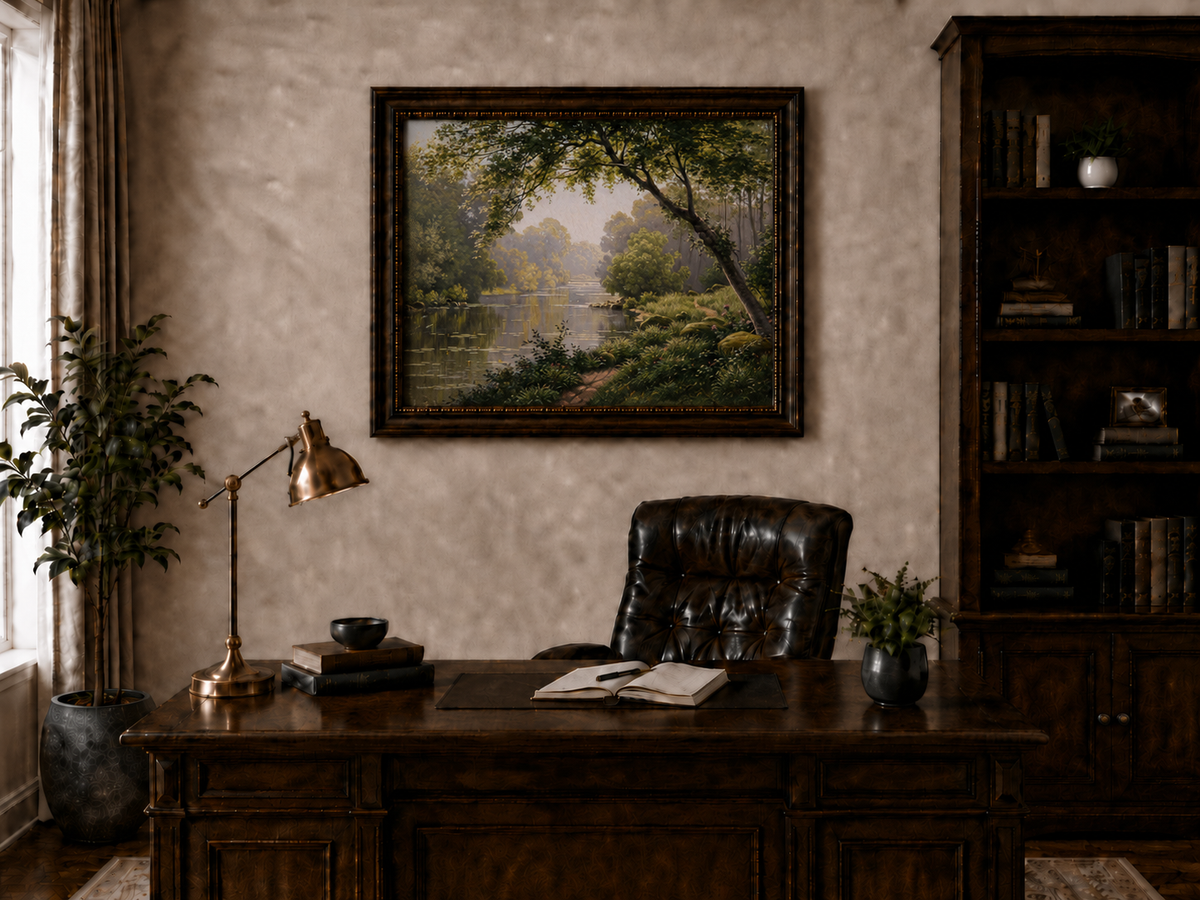 Landscape Oil Painting - Woodland River Overhanging Tree & Lily