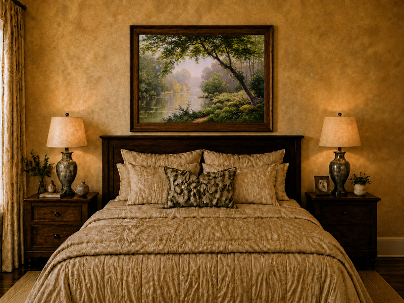 Landscape Oil Painting - Woodland River Overhanging Tree & Lily