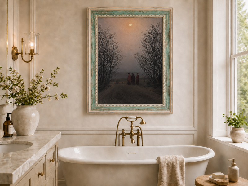 Peinture à l'huile de paysage - Chemin rural au clair de lune crépusculaire, trois personnages