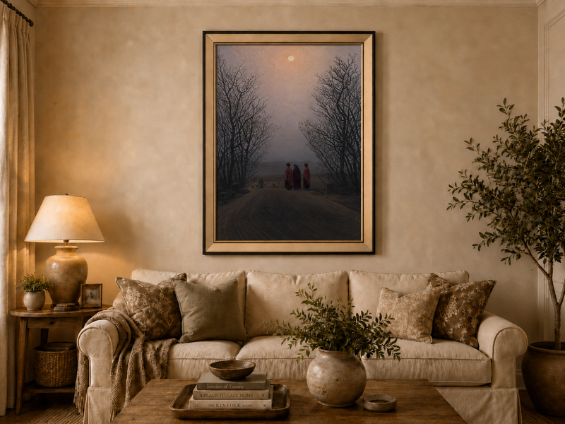 Peinture à l'huile de paysage - Chemin rural au clair de lune crépusculaire, trois personnages