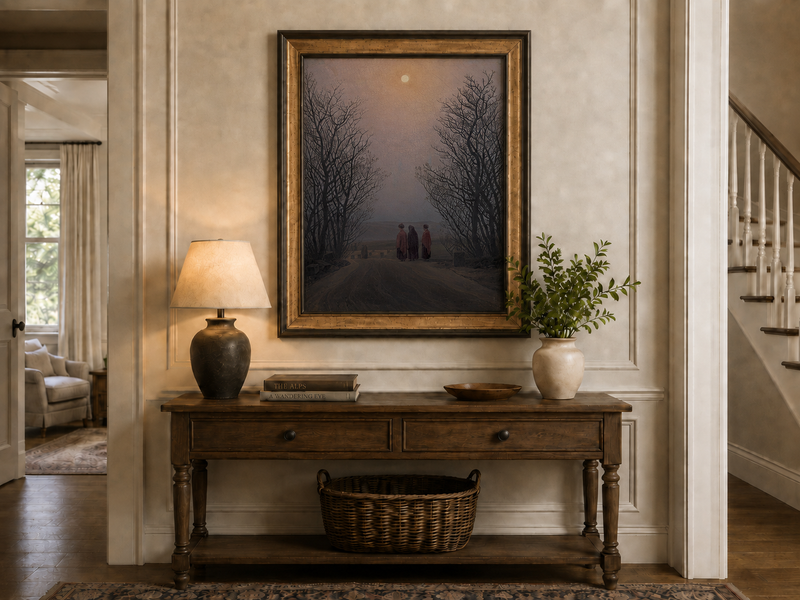 Peinture à l'huile de paysage - Chemin rural au clair de lune crépusculaire, trois personnages