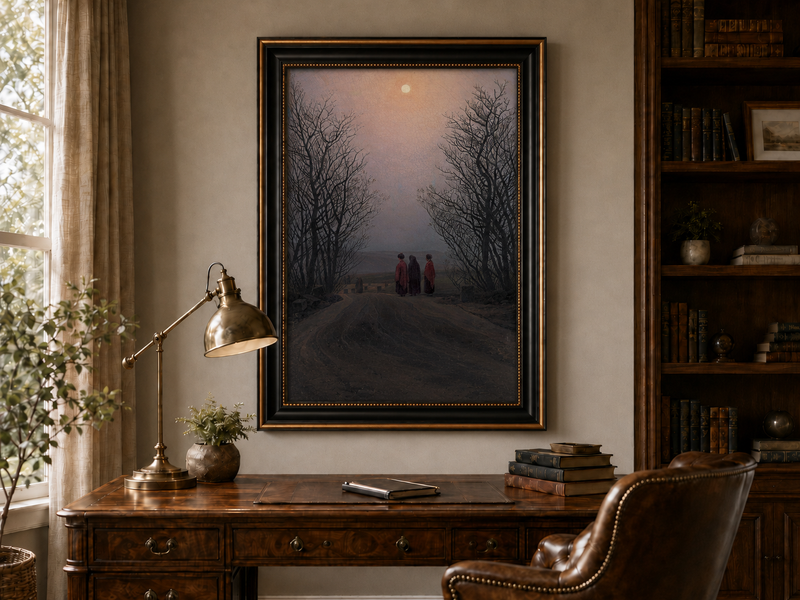 Peinture à l'huile de paysage - Chemin rural au clair de lune crépusculaire, trois personnages