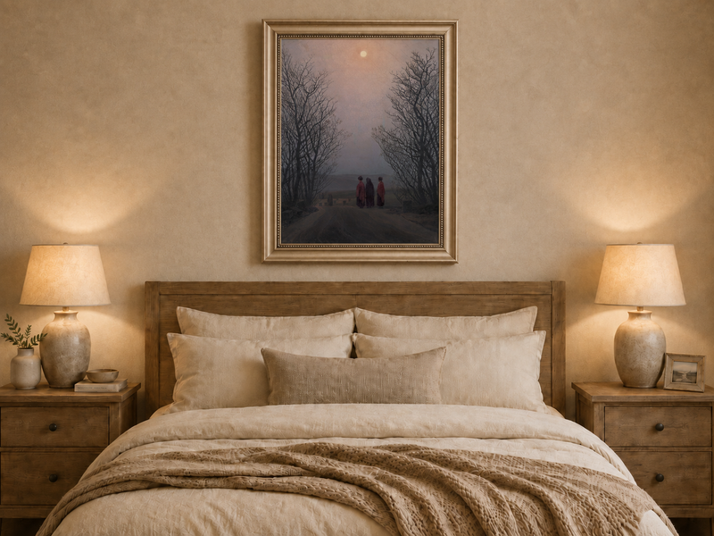 Peinture à l'huile de paysage - Chemin rural au clair de lune crépusculaire, trois personnages