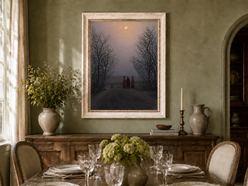 Peinture à l'huile de paysage - Chemin rural au clair de lune crépusculaire, trois personnages