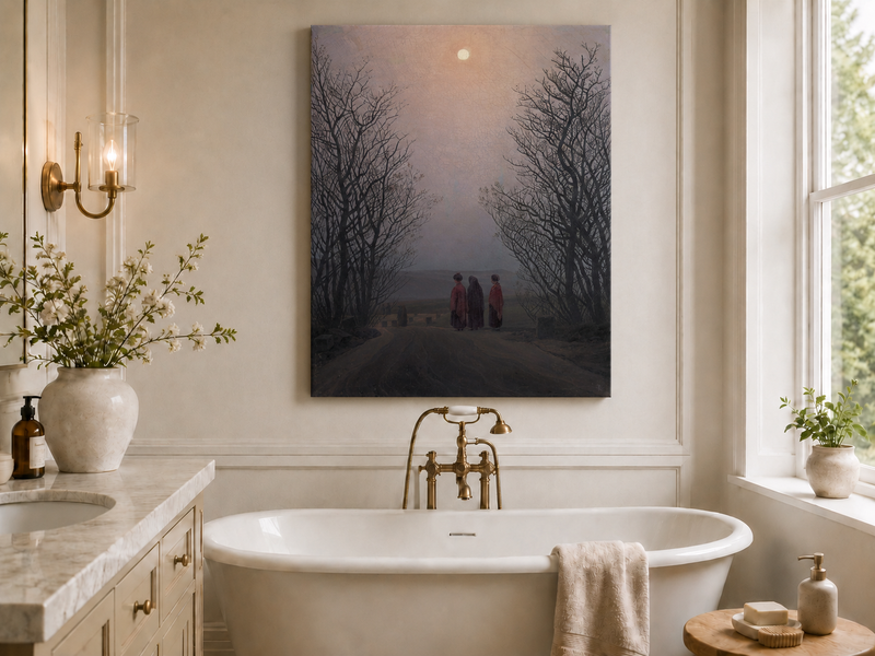 Peinture à l'huile de paysage - Chemin rural au clair de lune crépusculaire, trois personnages