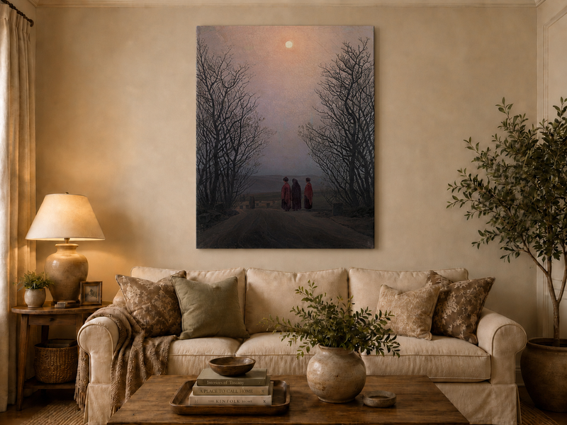 Peinture à l'huile de paysage - Chemin rural au clair de lune crépusculaire, trois personnages