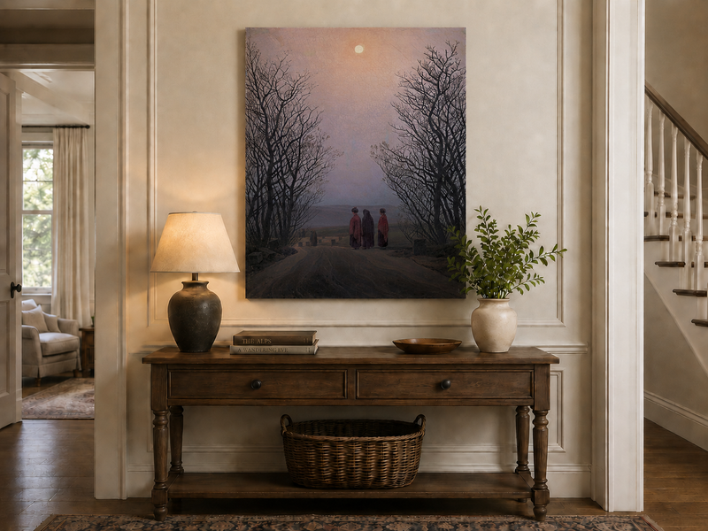 Peinture à l'huile de paysage - Chemin rural au clair de lune crépusculaire, trois personnages