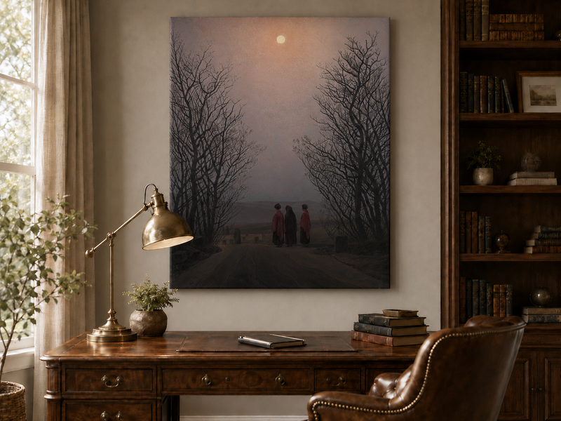 Peinture à l'huile de paysage - Chemin rural au clair de lune crépusculaire, trois personnages