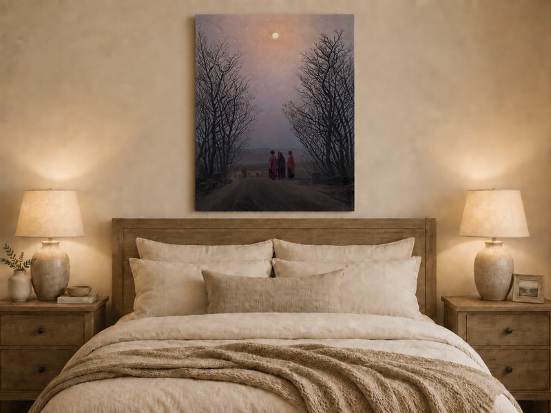 Peinture à l'huile de paysage - Chemin rural au clair de lune crépusculaire, trois personnages