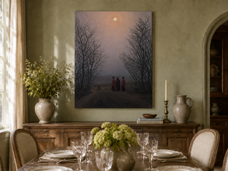Peinture à l'huile de paysage - Chemin rural au clair de lune crépusculaire, trois personnages