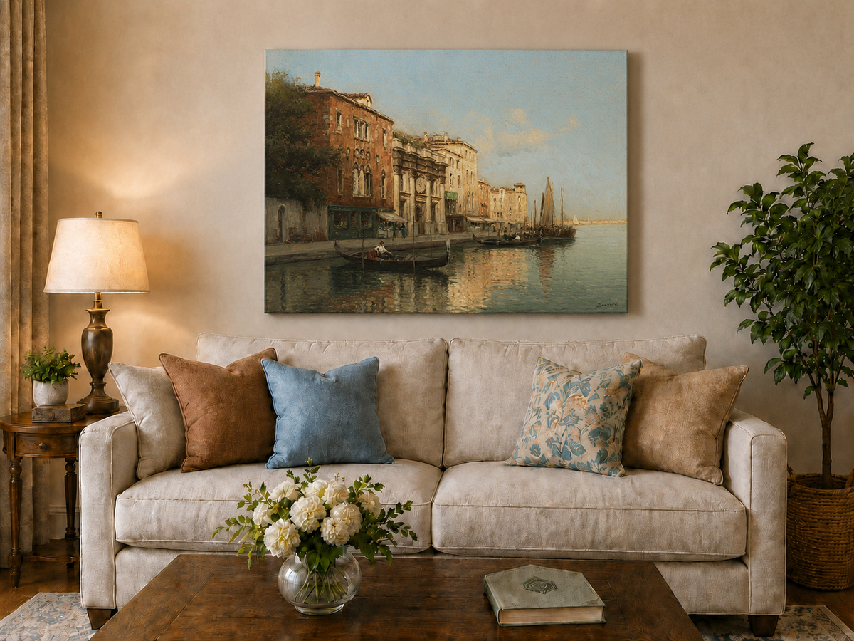Peinture à l'huile de paysage - Gondoles sur le Grand Canal de Venise