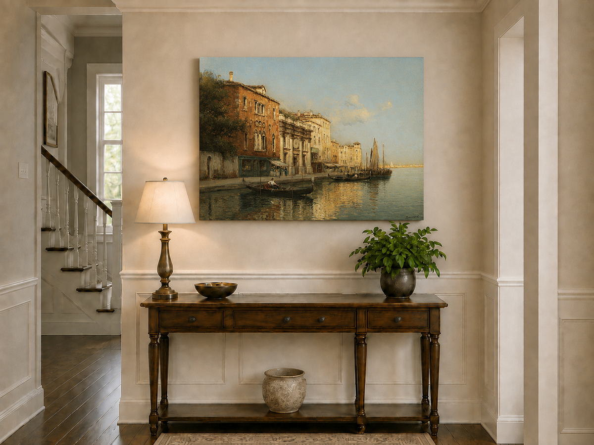 Peinture à l'huile de paysage - Gondoles sur le Grand Canal de Venise