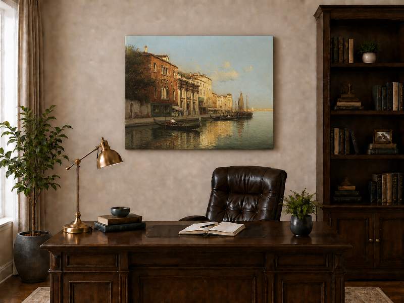 Peinture à l'huile de paysage - Gondoles sur le Grand Canal de Venise