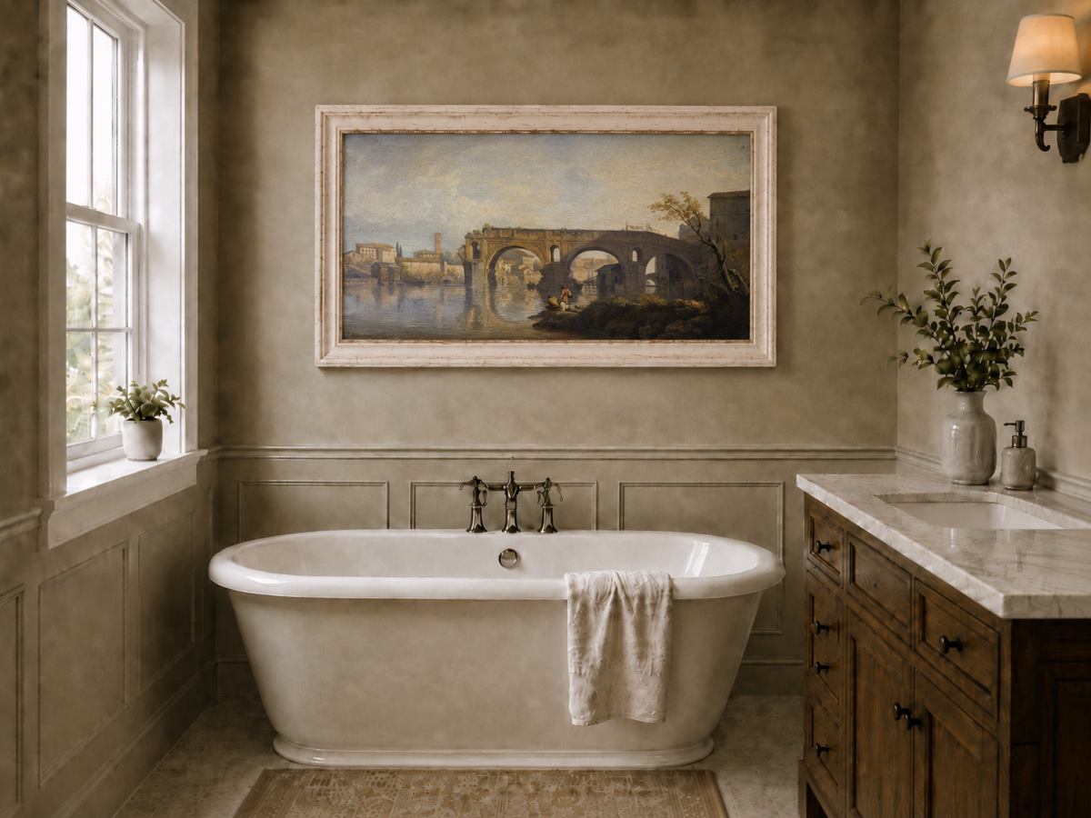 Landscape Oil Painting - Stone Bridge Over a Quiet River