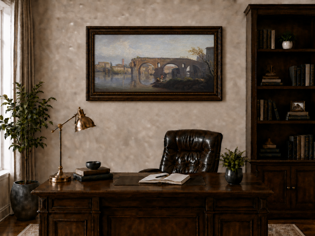 Landscape Oil Painting - Stone Bridge Over a Quiet River