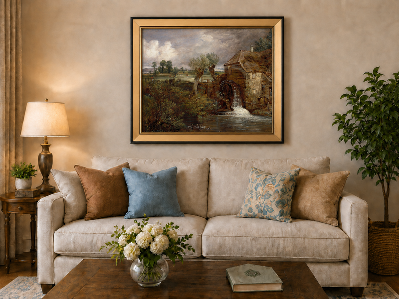 Peinture à l'huile de paysage - Scène de rivière hivernale avec personnages et chevaux