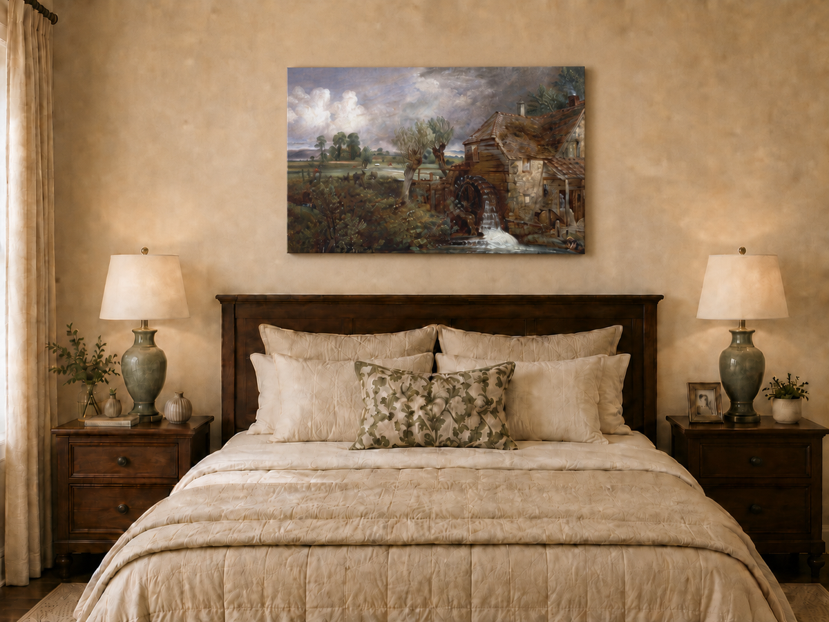 Peinture à l'huile de paysage - Scène de rivière hivernale avec personnages et chevaux