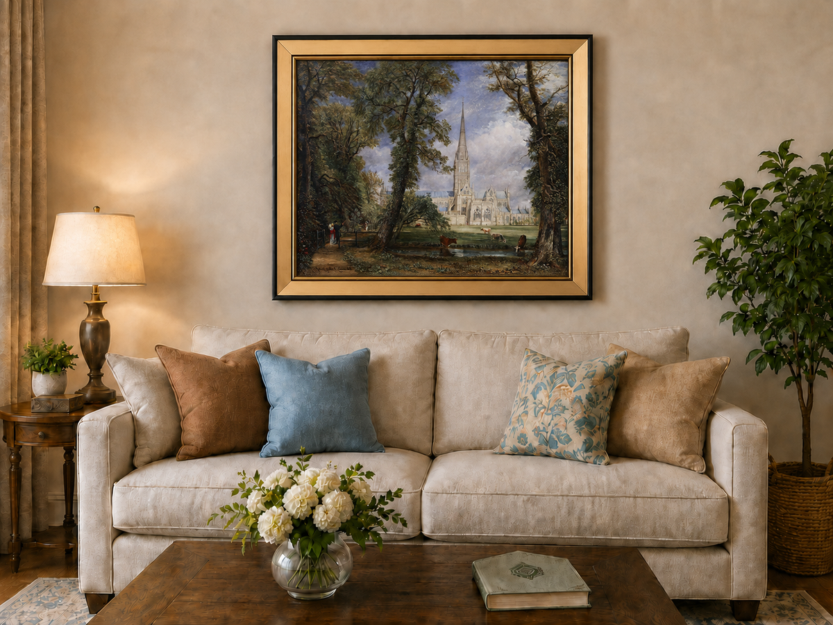 Landscape Oil Painting - Salisbury Cathedral Figures & Cattle