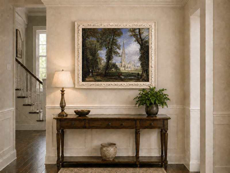 Landscape Oil Painting - Salisbury Cathedral Figures & Cattle