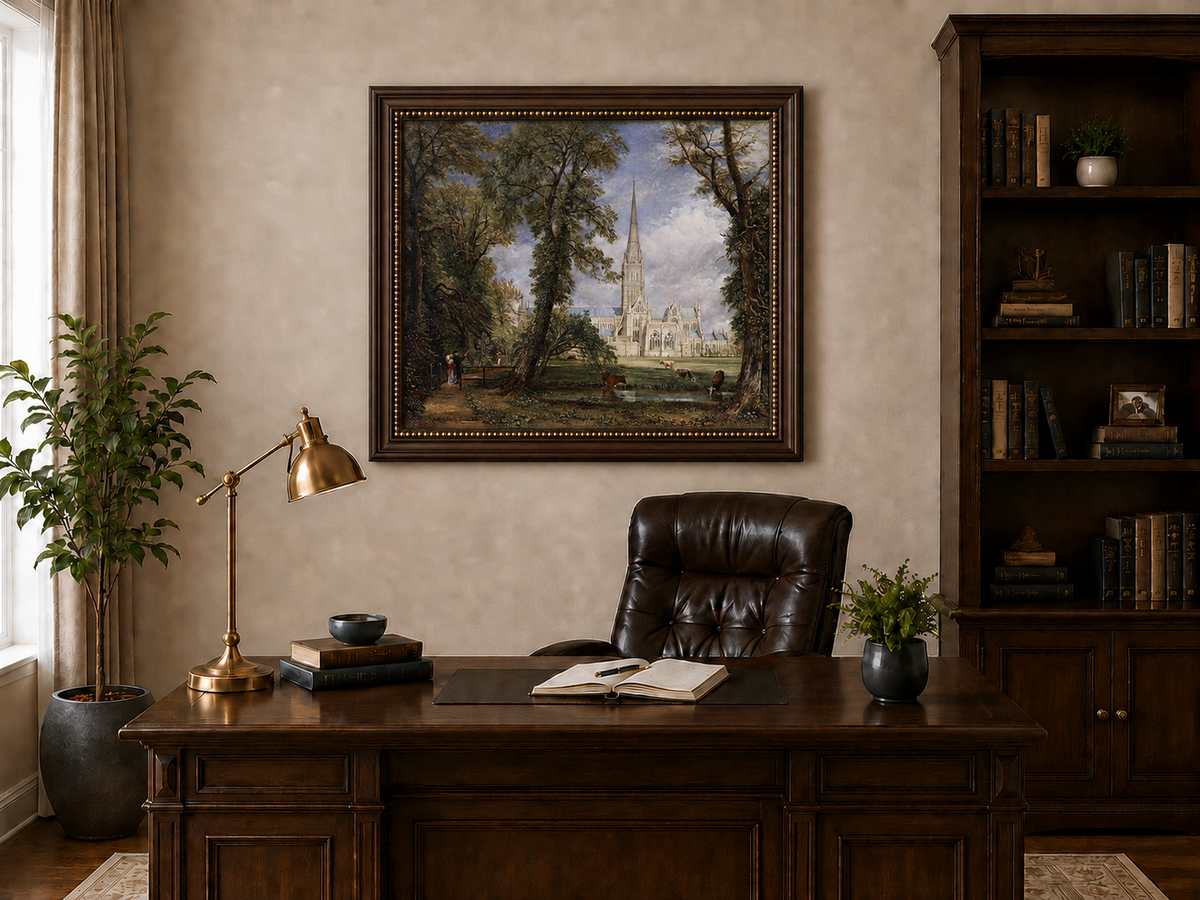 Landscape Oil Painting - Salisbury Cathedral Figures & Cattle