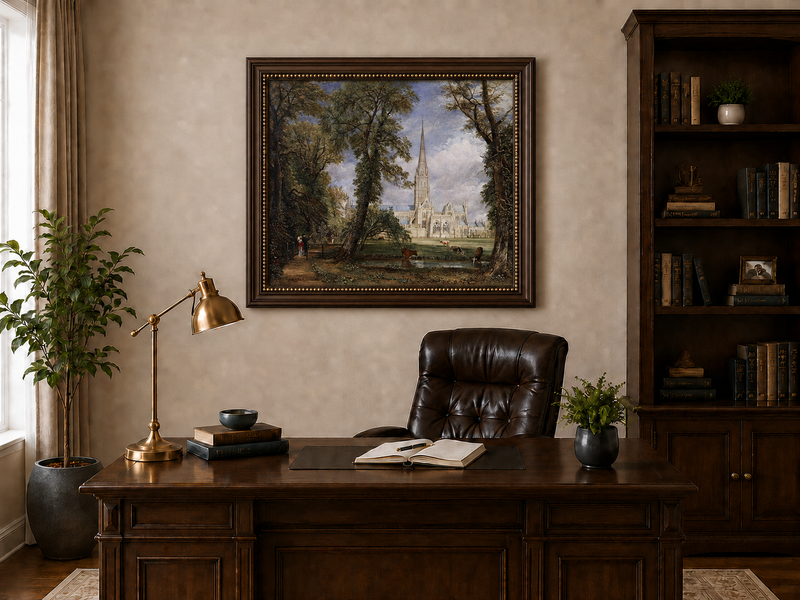 Landscape Oil Painting - Salisbury Cathedral Figures & Cattle