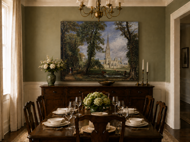 Landscape Oil Painting - Salisbury Cathedral Figures & Cattle