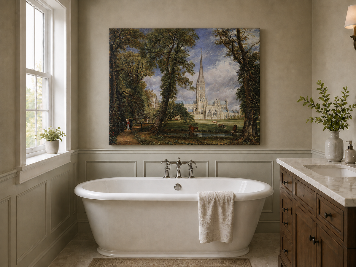 Landscape Oil Painting - Salisbury Cathedral Figures & Cattle