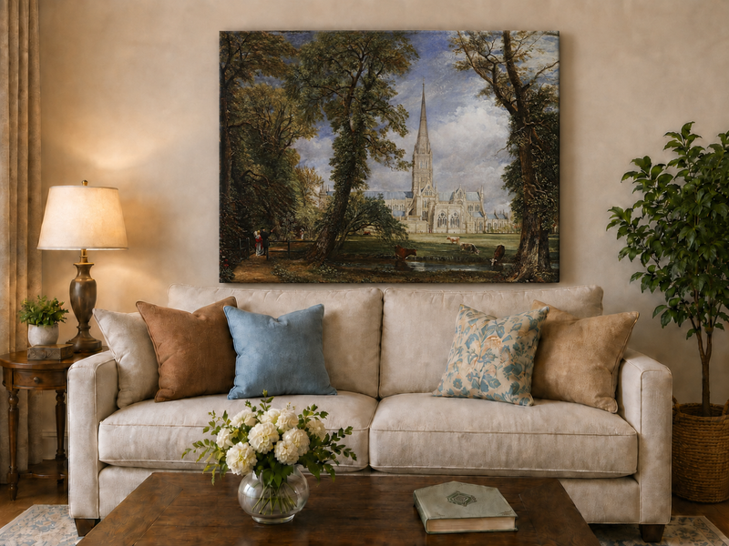 Landscape Oil Painting - Salisbury Cathedral Figures & Cattle