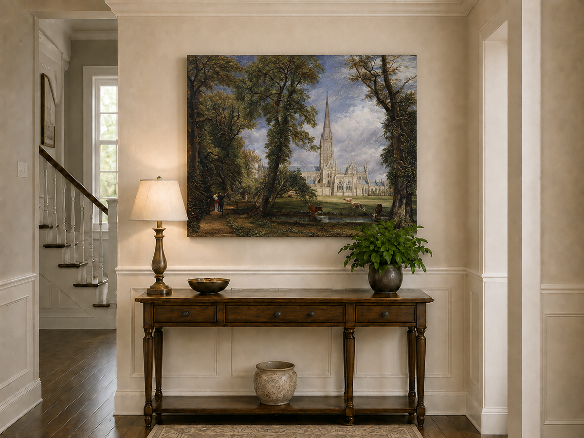 Landscape Oil Painting - Salisbury Cathedral Figures & Cattle