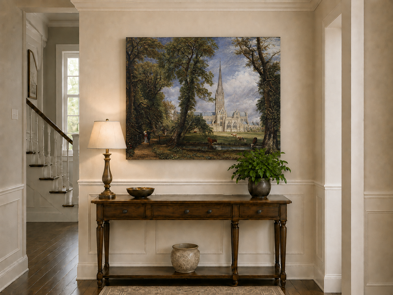 Landscape Oil Painting - Salisbury Cathedral Figures & Cattle