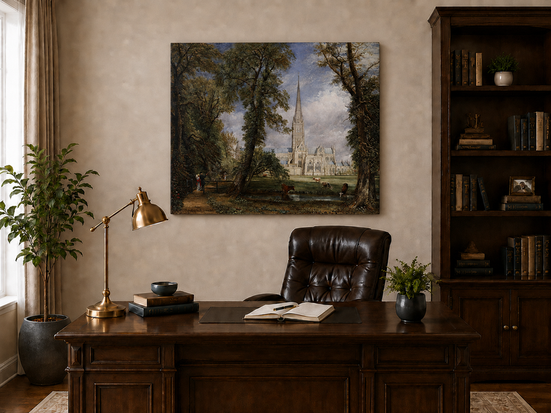Landscape Oil Painting - Salisbury Cathedral Figures & Cattle