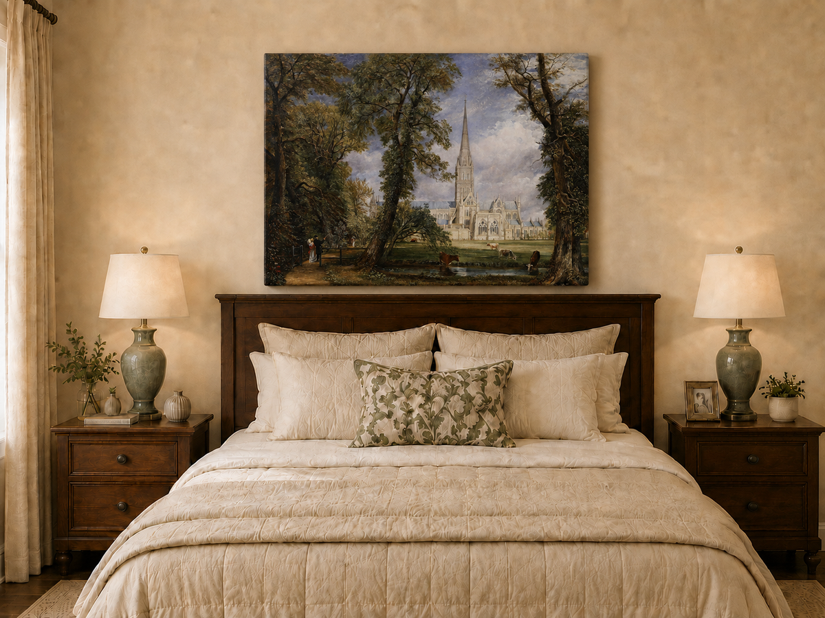 Landscape Oil Painting - Salisbury Cathedral Figures & Cattle
