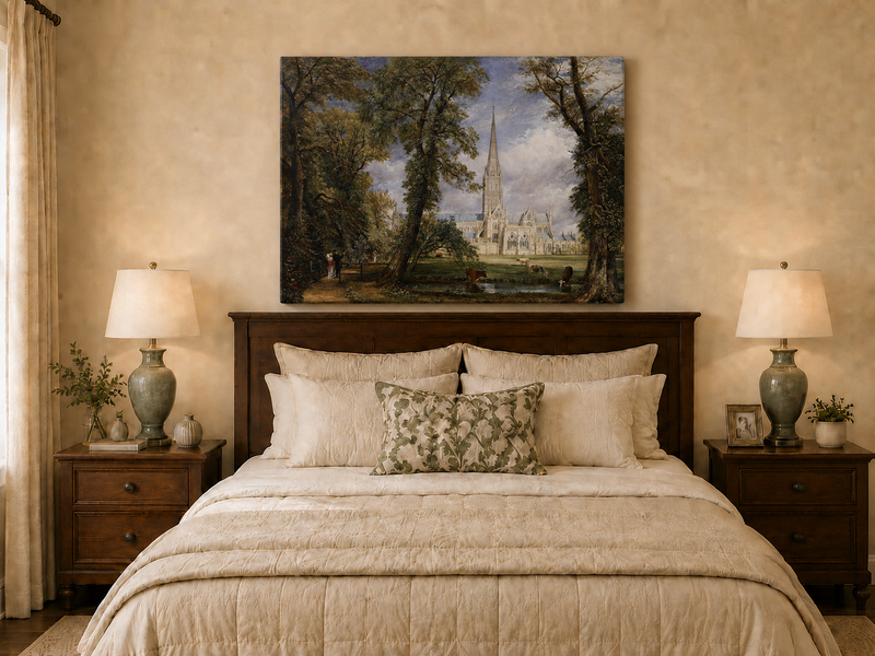 Landscape Oil Painting - Salisbury Cathedral Figures & Cattle