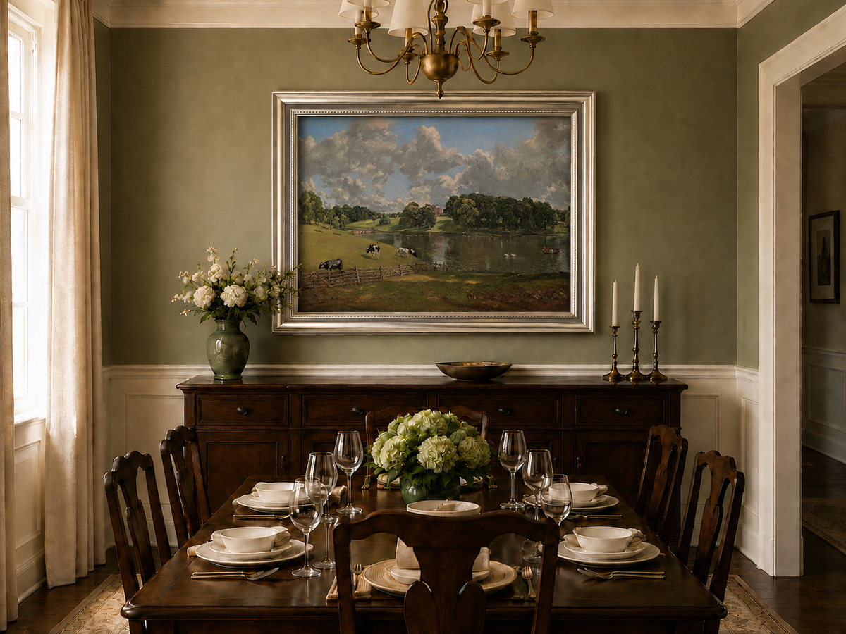 Landscape Oil Painting - Pastoral Lake Cows & Country Estate