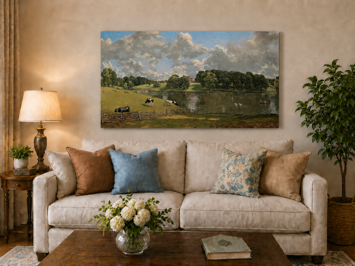 Landscape Oil Painting - Pastoral Lake Cows & Country Estate