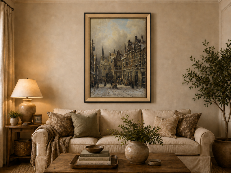 Peinture à l'huile de paysage - Rivière printanière avec pêcheur et arbres