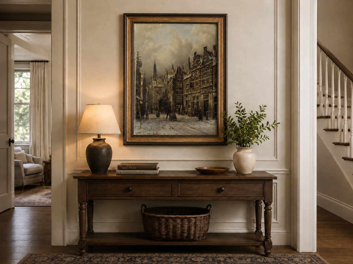 Peinture à l'huile de paysage - Rivière printanière avec pêcheur et arbres