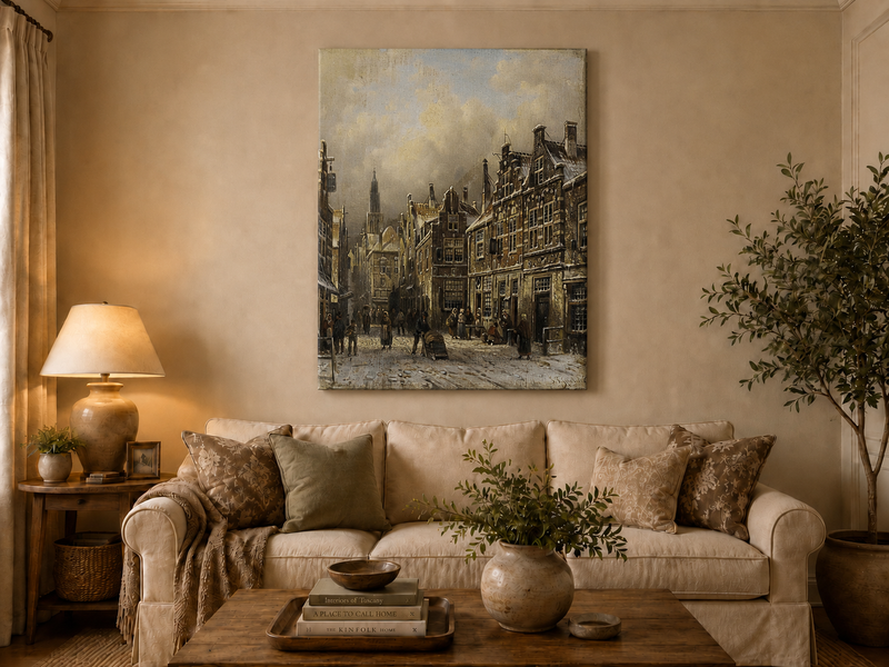 Peinture à l'huile de paysage - Rivière printanière avec pêcheur et arbres