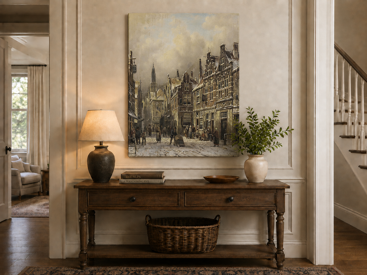 Peinture à l'huile de paysage - Rivière printanière avec pêcheur et arbres