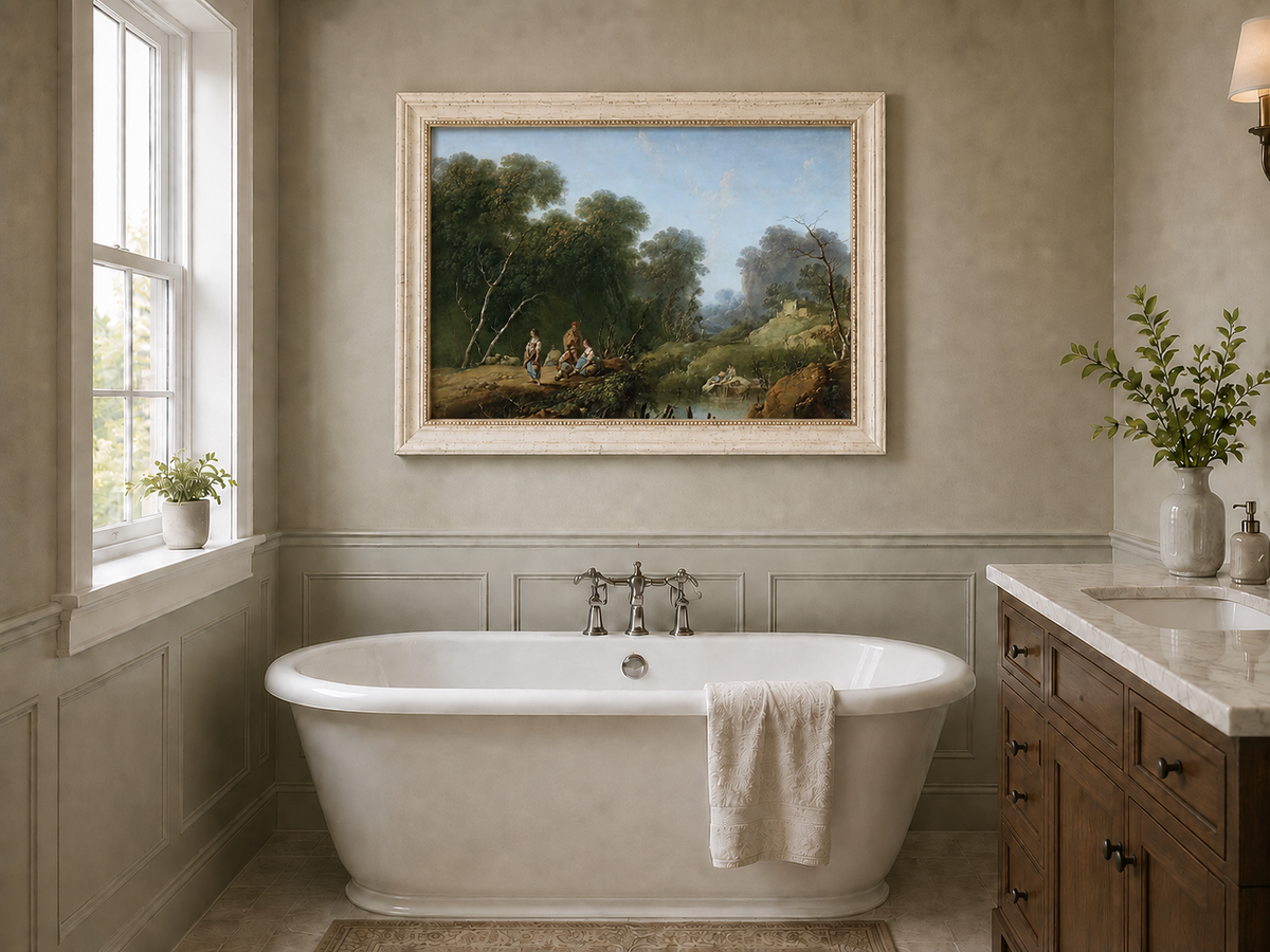 Landscape Oil Painting - Wooded River Valley with Figures