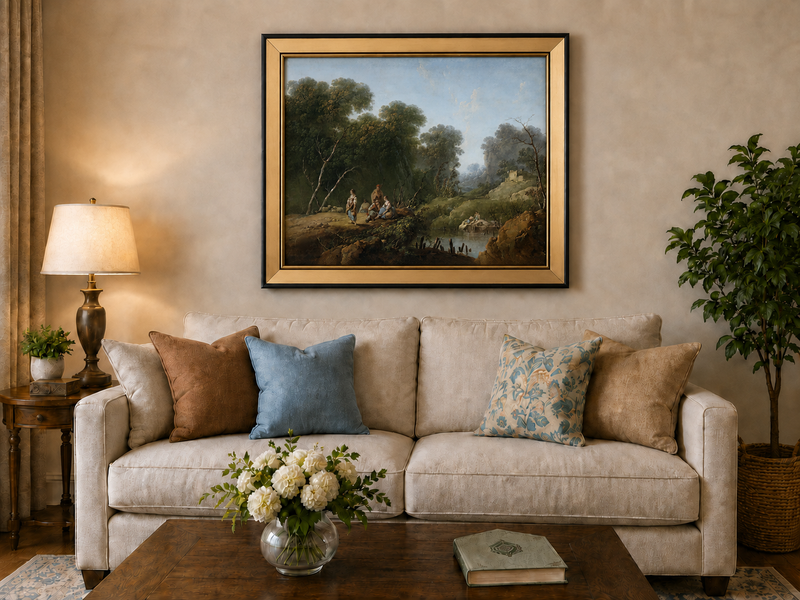 Landscape Oil Painting - Wooded River Valley with Figures