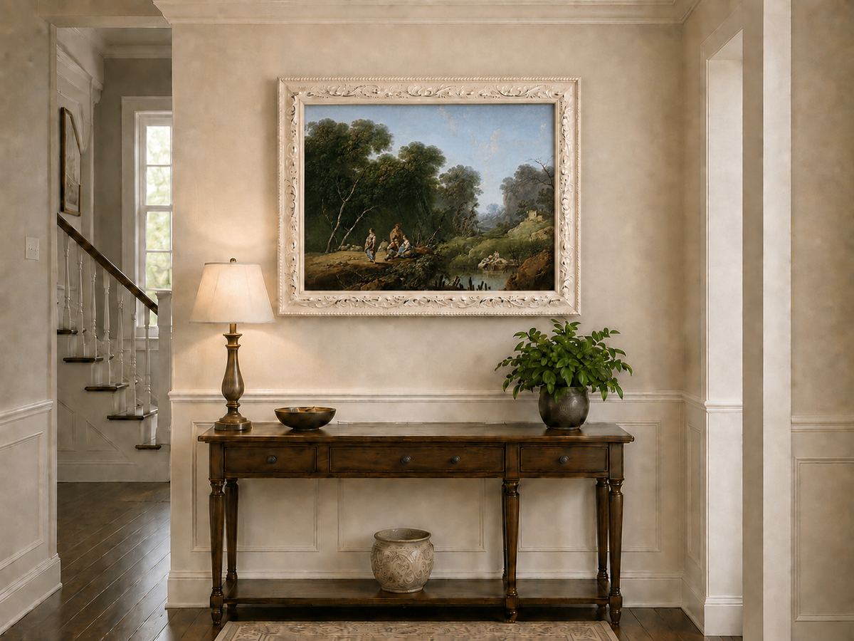 Landscape Oil Painting - Wooded River Valley with Figures