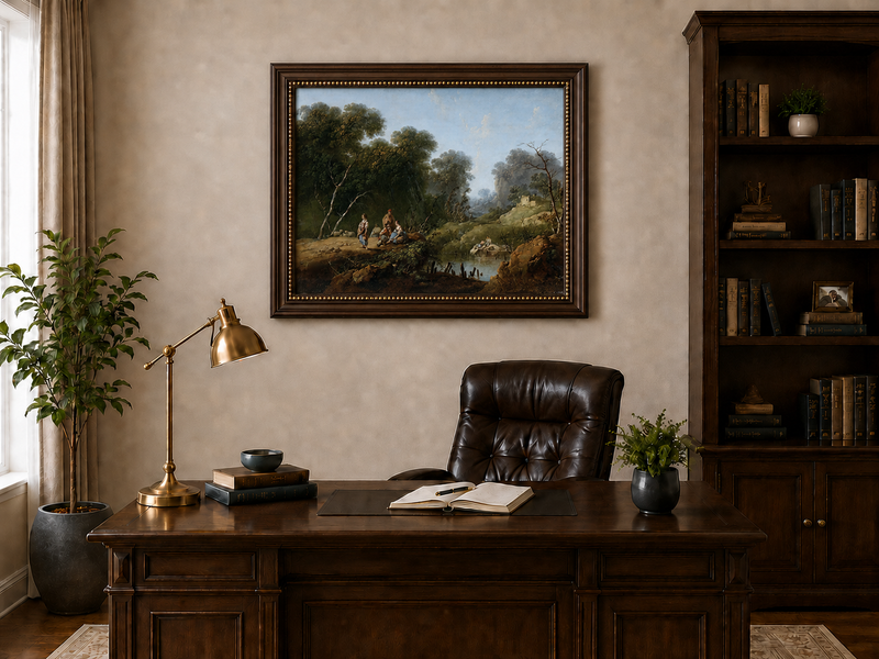Landscape Oil Painting - Wooded River Valley with Figures
