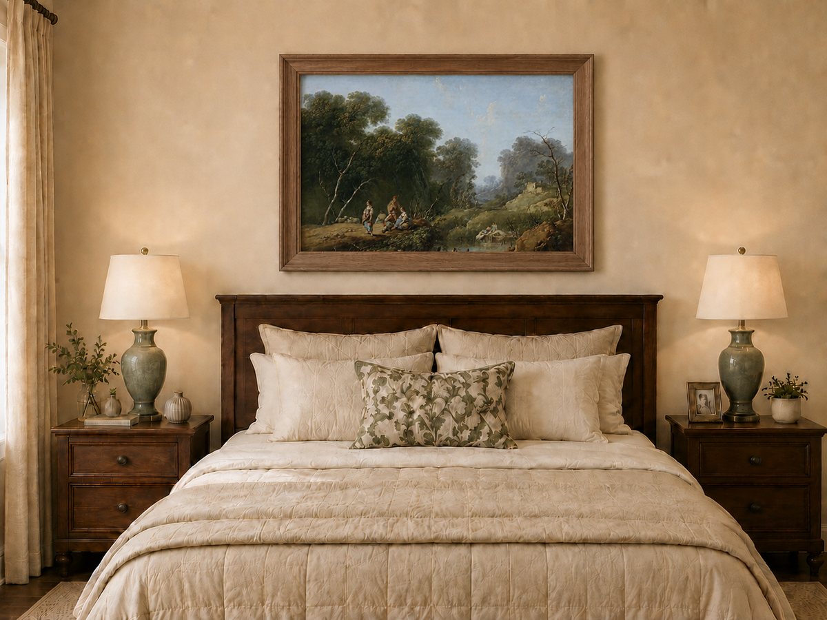 Landscape Oil Painting - Wooded River Valley with Figures