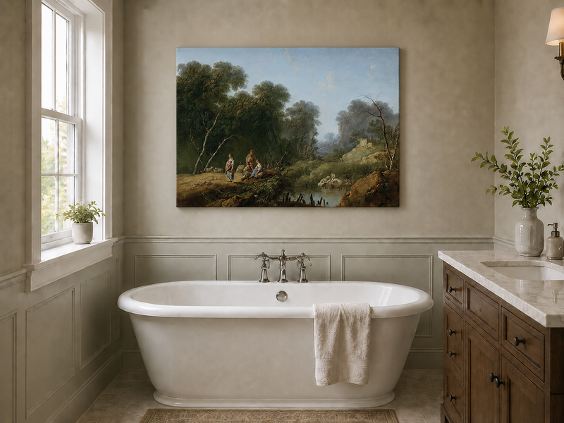Landscape Oil Painting - Wooded River Valley with Figures