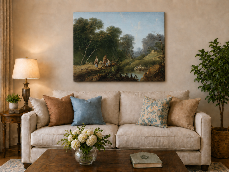 Landscape Oil Painting - Wooded River Valley with Figures