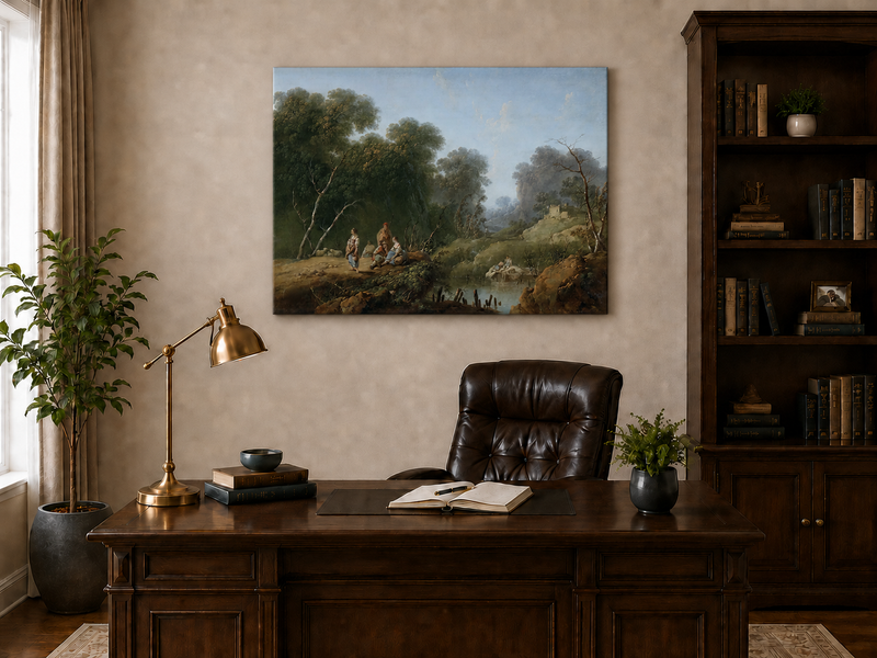 Landscape Oil Painting - Wooded River Valley with Figures